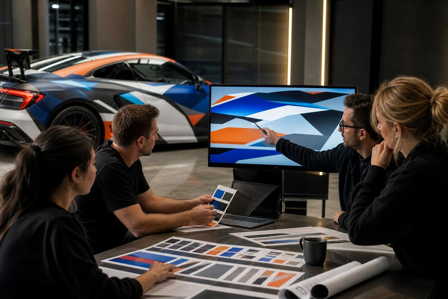 Creative agency team reviewing a performance car livery design
