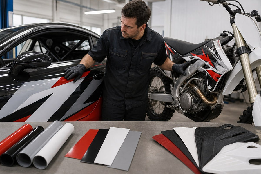 Comparison of smooth vehicle graphics and high-impact motocross decal materials