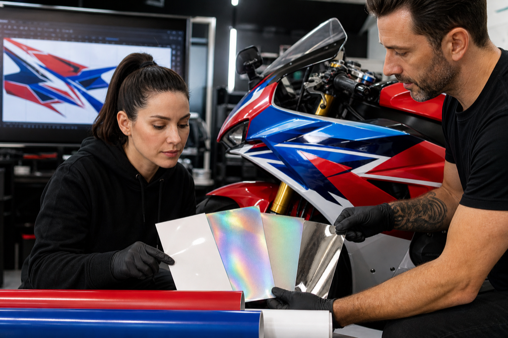Designers comparing specialty printable vinyl finishes for motorcycle graphics