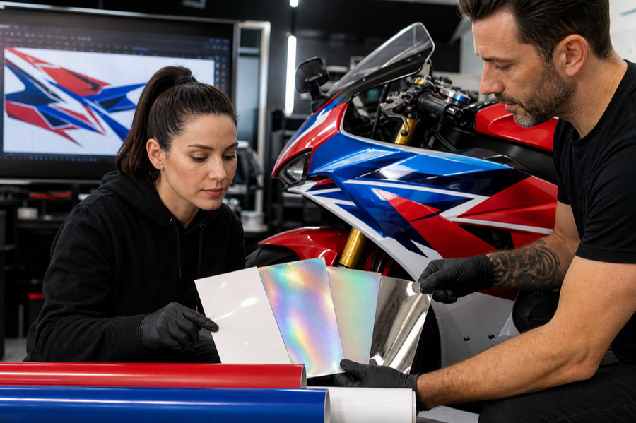 Designers comparing specialty printable vinyl finishes for motorcycle graphics