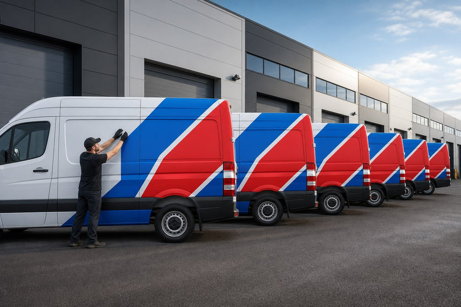 Matching commercial vans with consistent printed fleet graphics