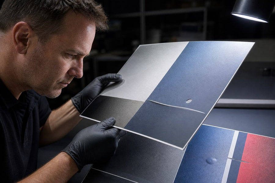 Technician inspecting printable vinyl and overlaminate application defects