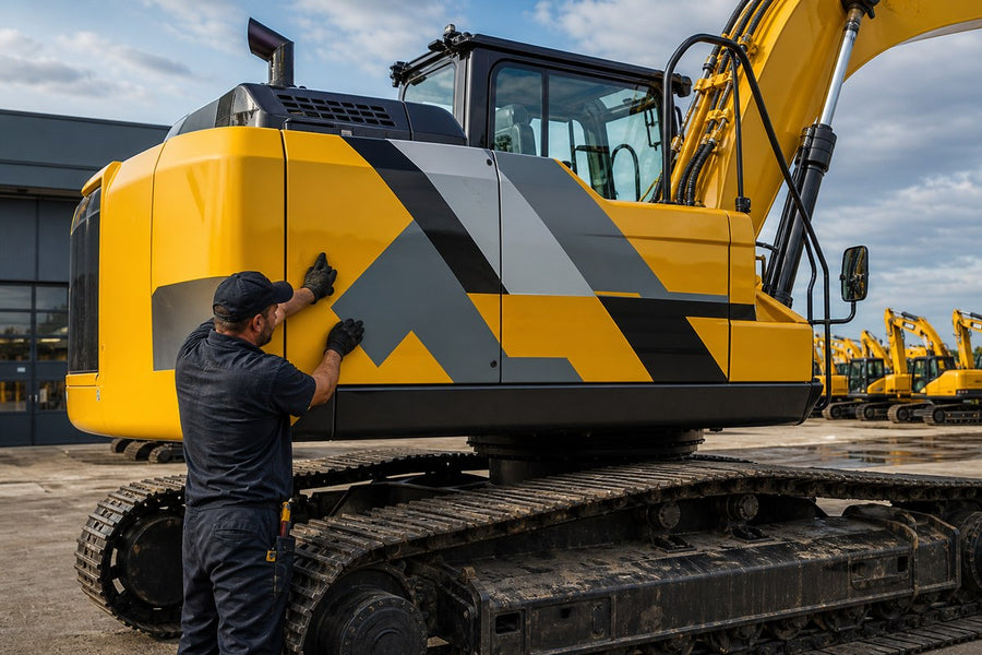 Installer applying printed graphics to construction equipment