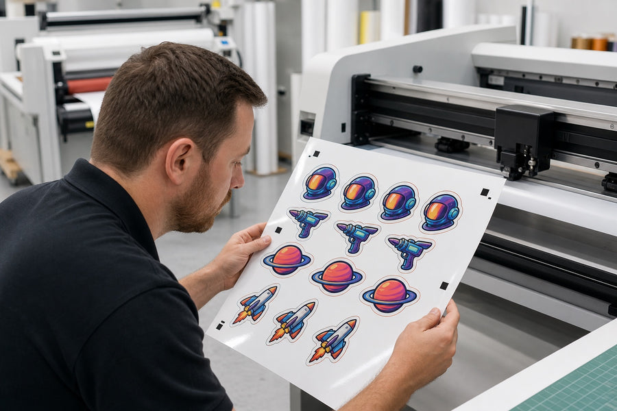 Print technician inspecting registration marks and contour-cut alignment on a laminated sticker sheet
