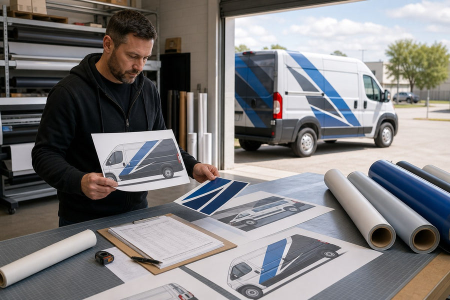 Print shop owner planning an efficient vehicle graphics material workflow