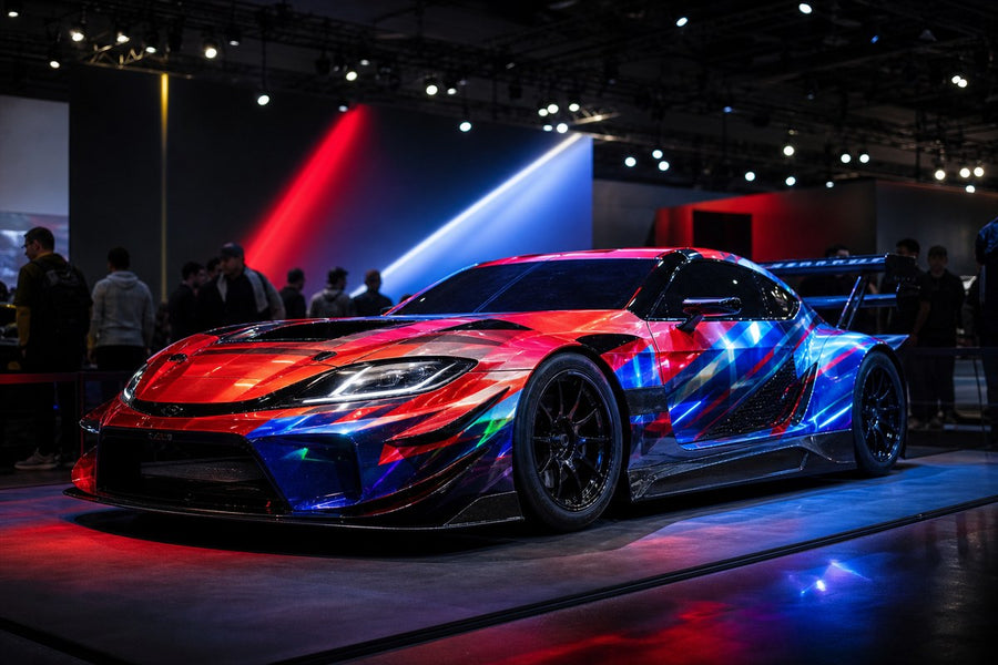 High-impact printed race car graphics at an indoor motor show