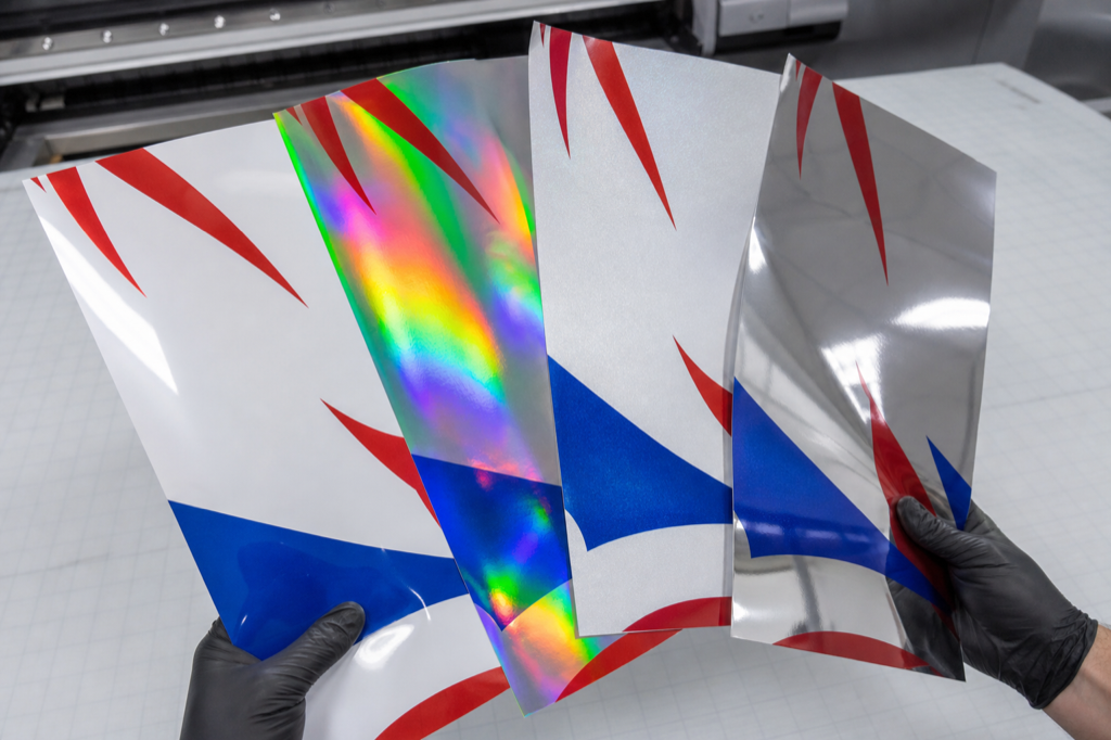 White gloss, holographic, xirallic and silver chrome printable vinyl samples