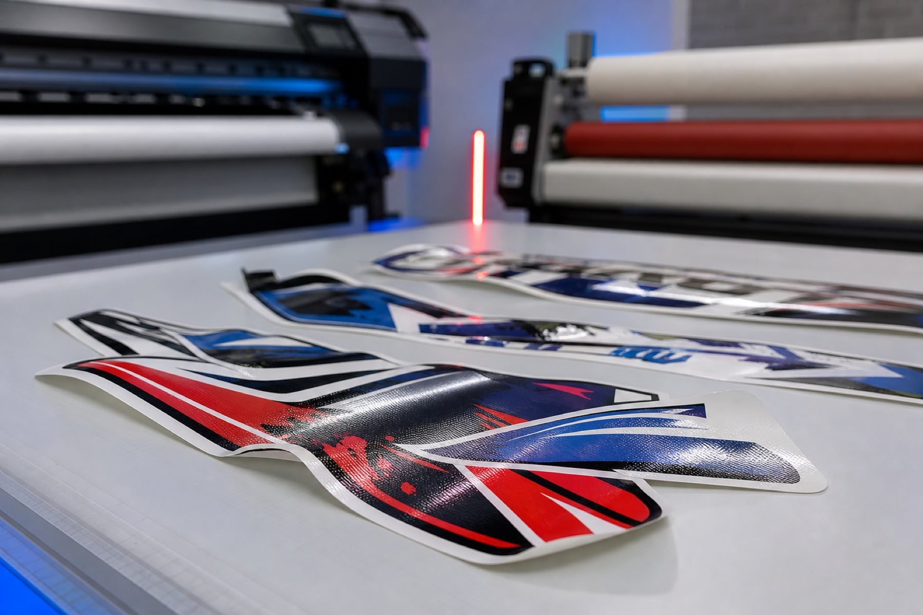 Laminated motorsport stickers curling upward on a print shop worktable
