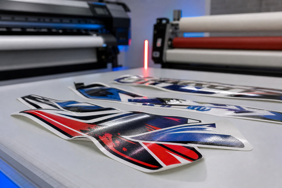 Laminated motorsport stickers curling upward on a print shop worktable