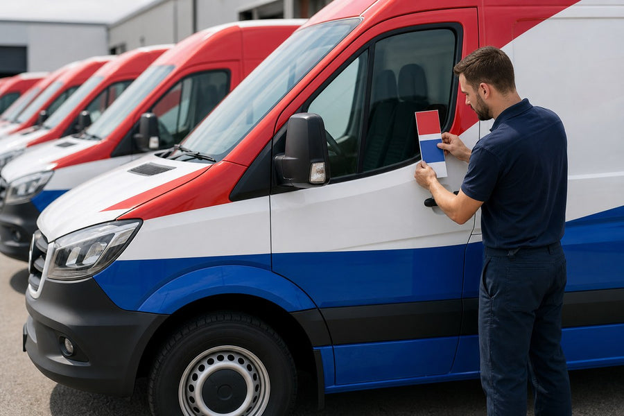 Technician checking color consistency across a branded commercial van fleet