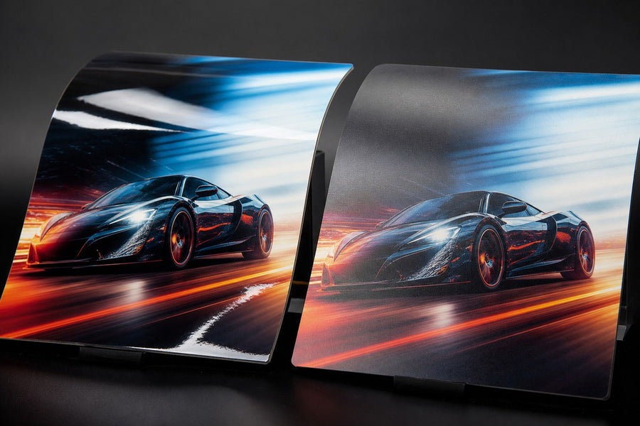 Gloss and matte overlaminate finish comparison on printed vehicle graphic panels