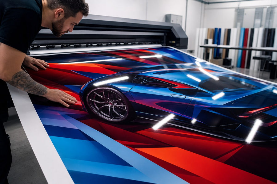 Wide-format printer producing an automotive graphic on gloss white printable vinyl