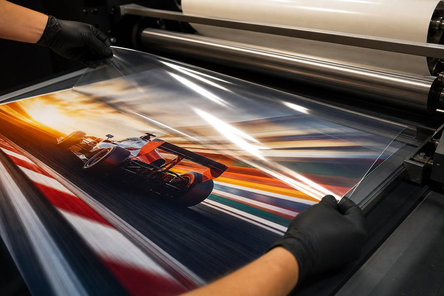 Clear gloss overlaminate being applied to a printed motorsport graphic