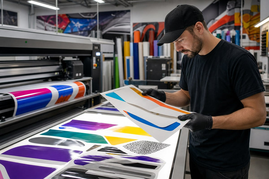 Technician inspecting layered specialty printable vinyl output