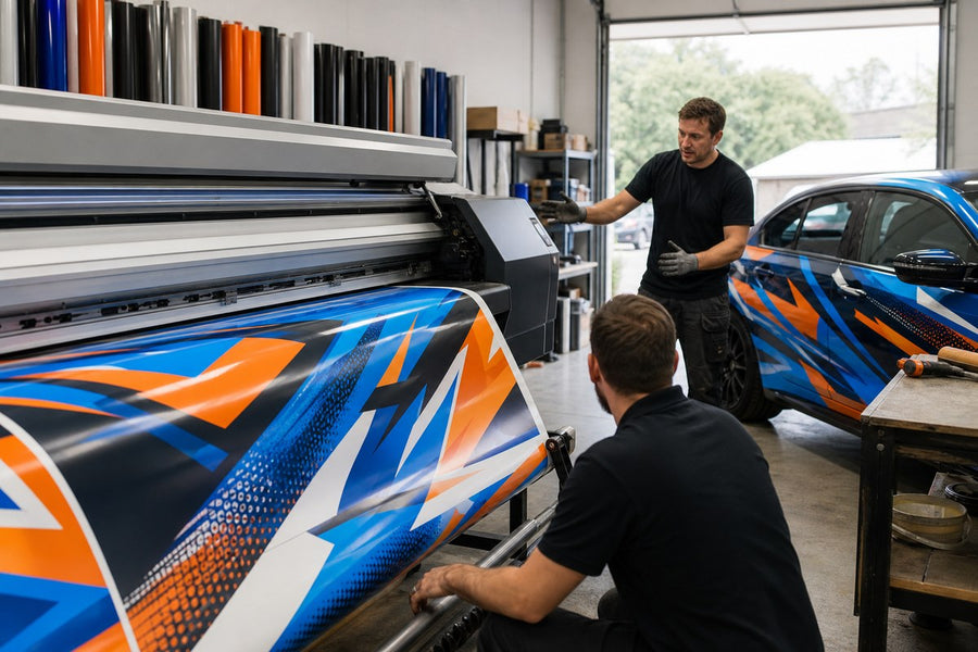 Wide-format vehicle wrap production with blue and orange motorsport graphics
