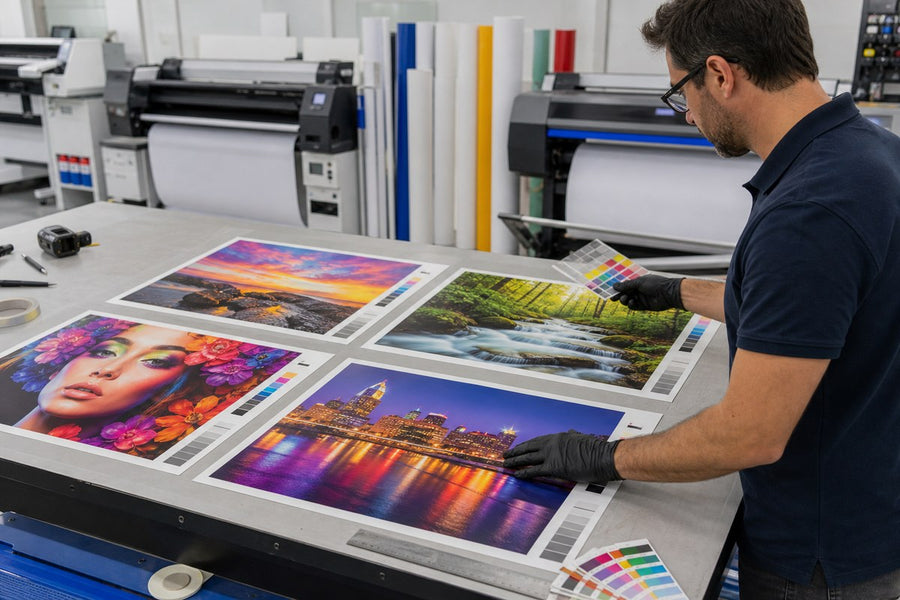 Technician comparing wide-format printable vinyl compatibility test prints