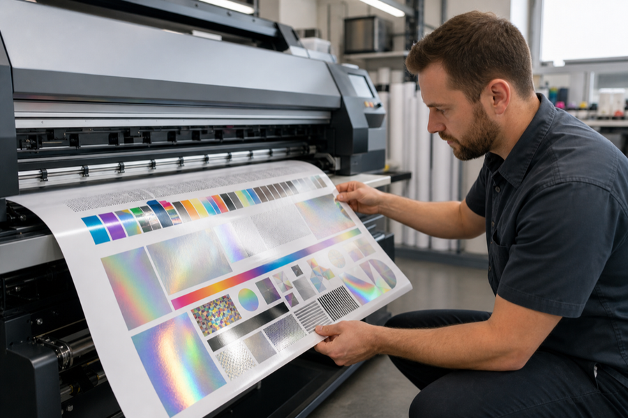 Technician inspecting a specialty printable vinyl test print