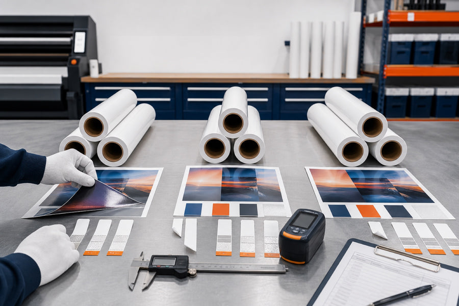 Unbranded printable vinyl rolls evaluated side by side on a testing bench