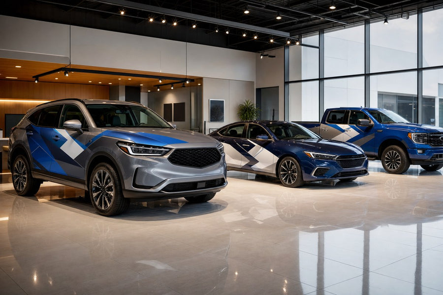 Coordinated printable vehicle graphics displayed in a car dealership showroom