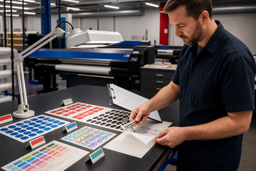 Print shop technician scoring finished printable vinyl and sticker samples