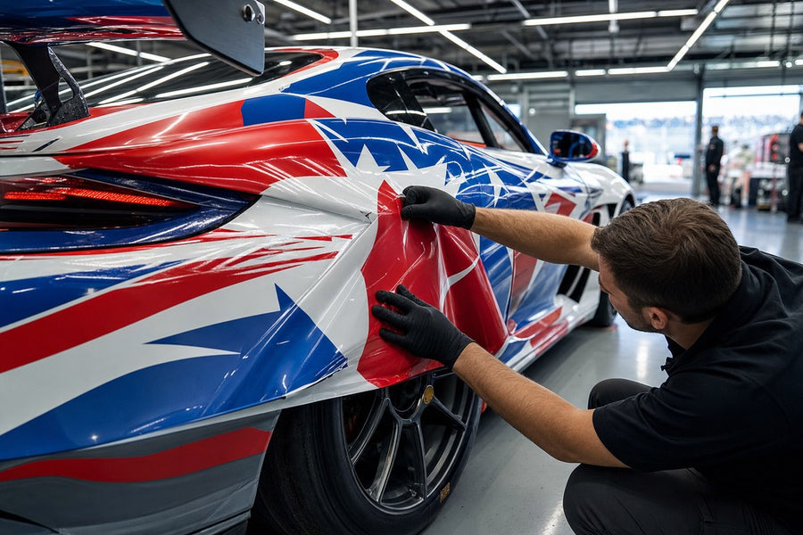 Installer applying a printed and laminated race car livery in a pit garage