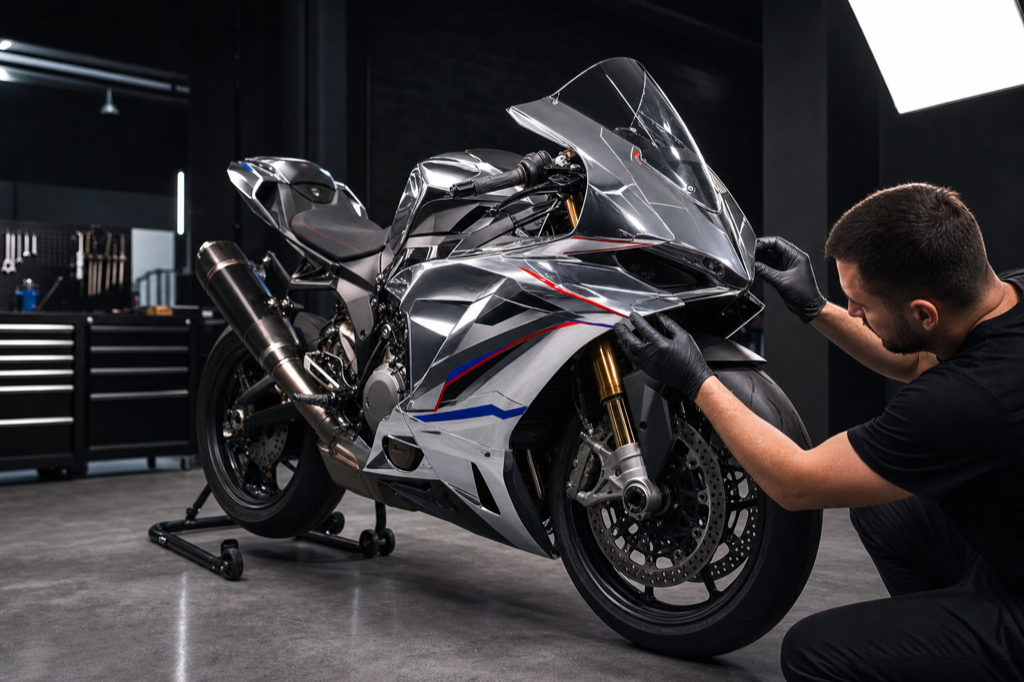 Silver chrome printed graphics installed on a sport motorcycle