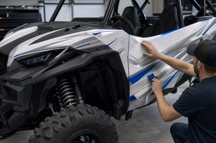 White xirallic pearlescent graphics applied to a powersports UTV