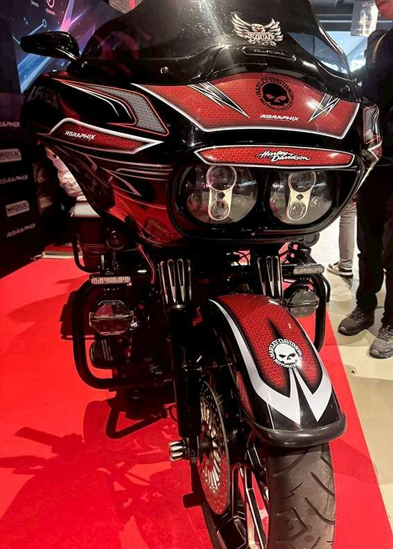 MAXDECAL XTREME layered graphics on a custom motorcycle with complex curves