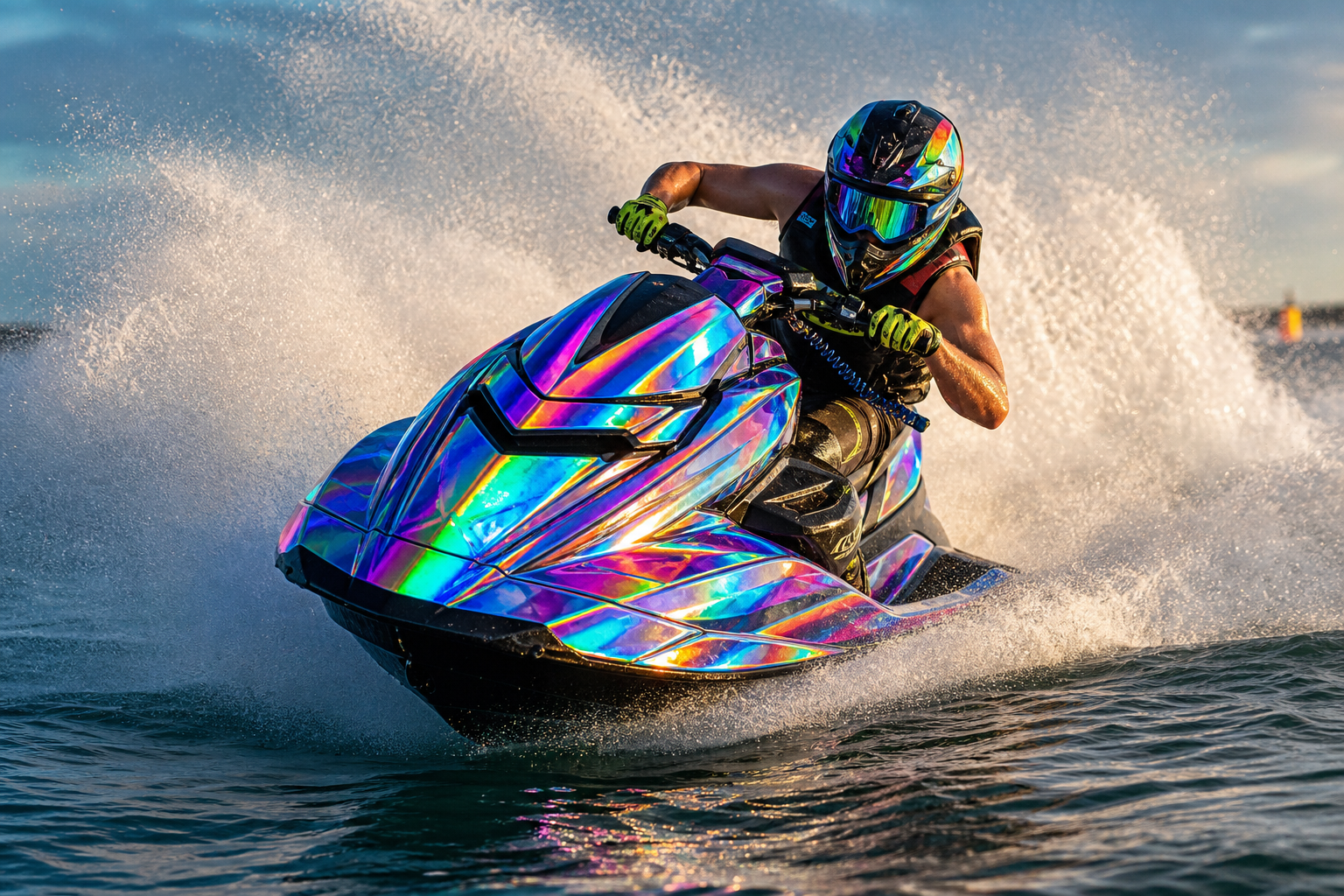 Water motorsport racer on a jet ski with vivid holographic graphics