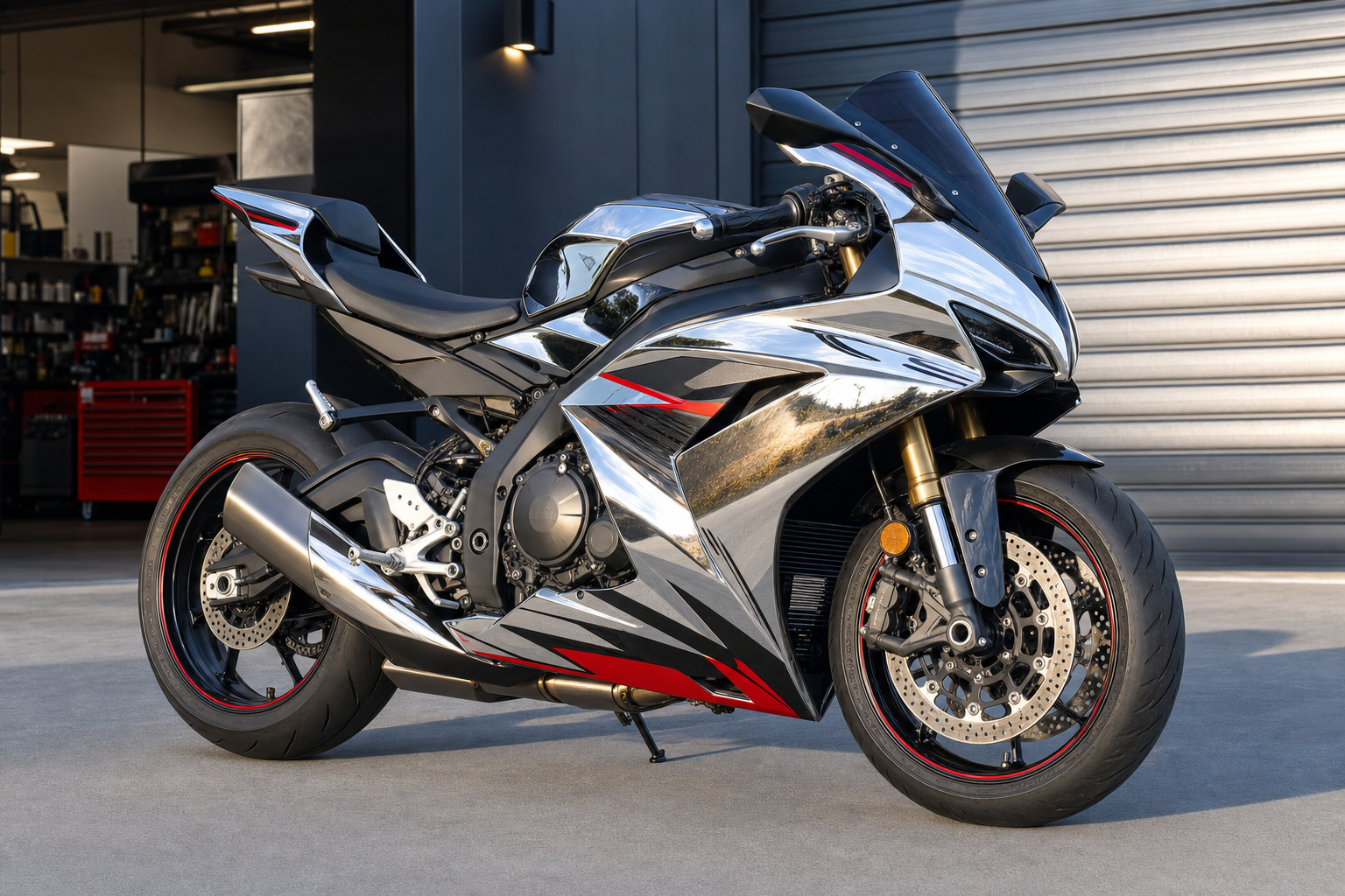 MXPC100 silver chrome graphics on custom motorcycle