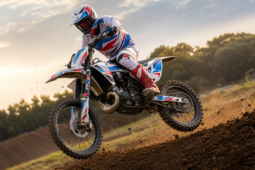 MXPG100 white gloss graphics on motocross bike in action