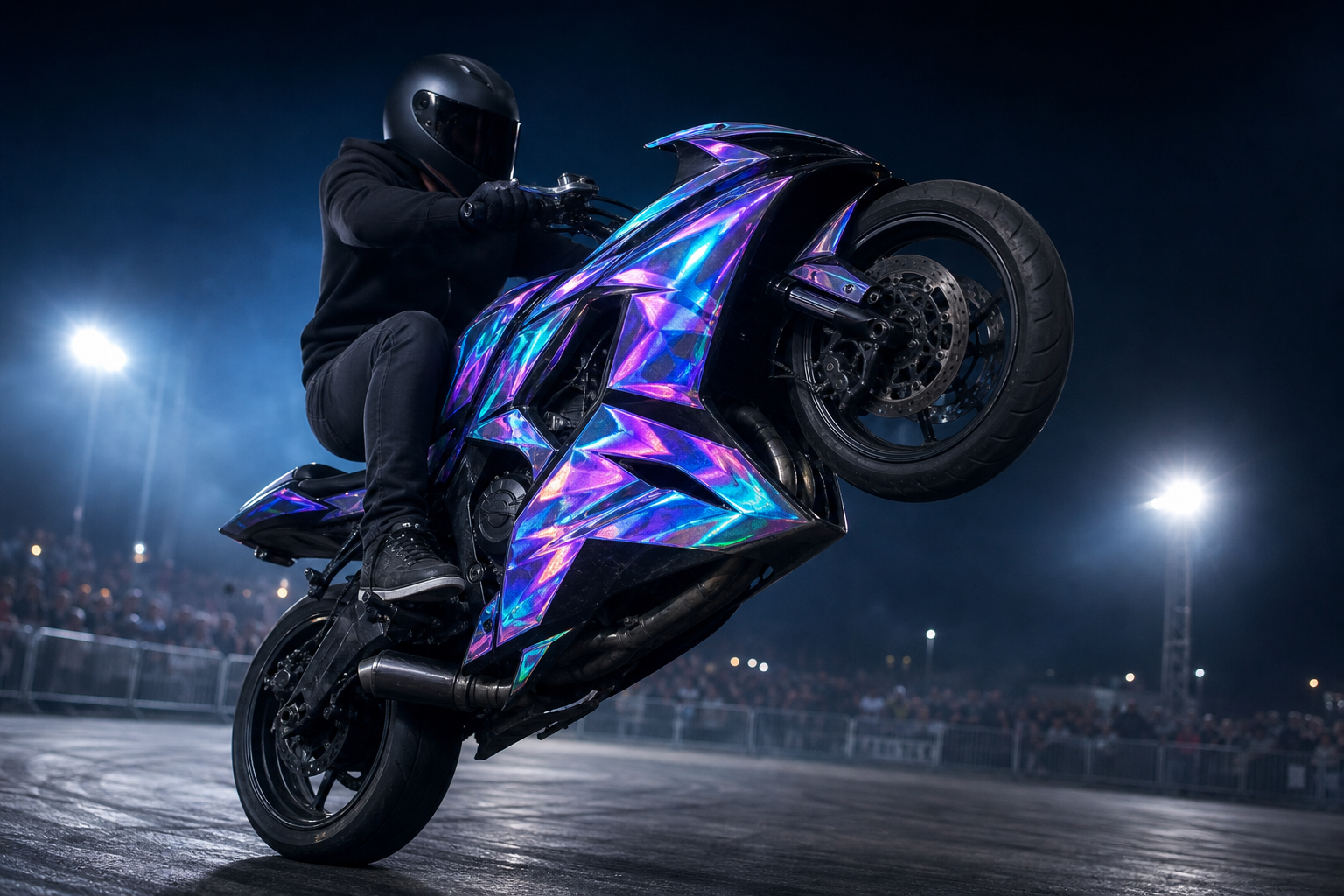 MXPH100 holographic graphics on stunt motorcycle